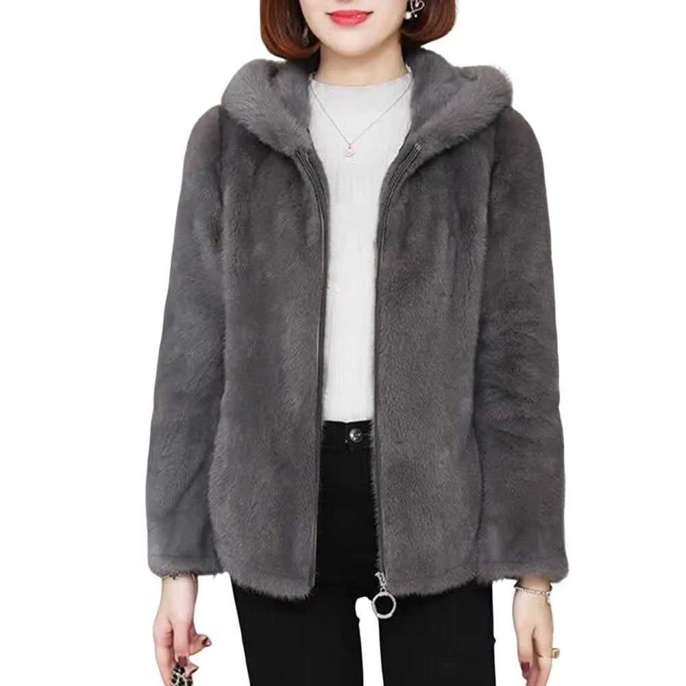 Women Winter Coat Double-sided Thick Cozy Plush Hooded Long Sleeves