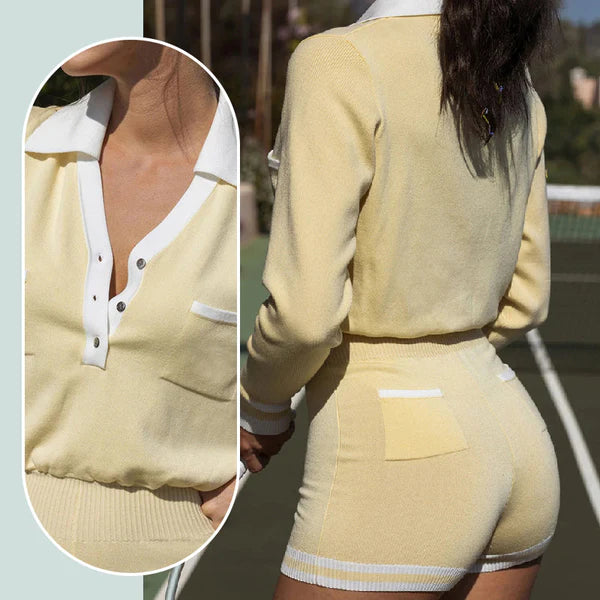 Fashion Long Sleeve Knit V-Neck Short Jumpsuit