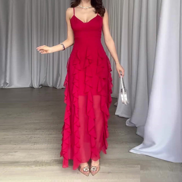 Women's Elegant Spaghetti Strap Ruffle Layered Maxi Dress