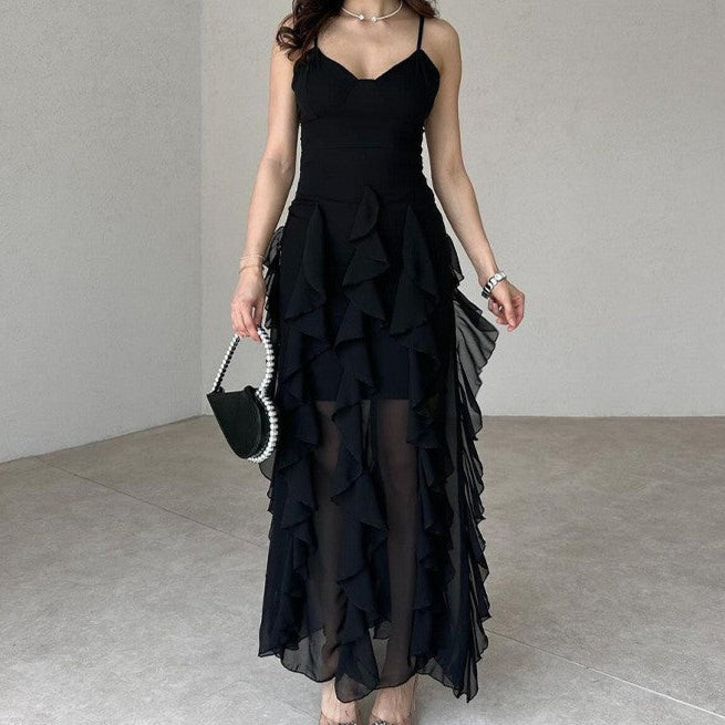 Women's Elegant Spaghetti Strap Ruffle Layered Maxi Dress