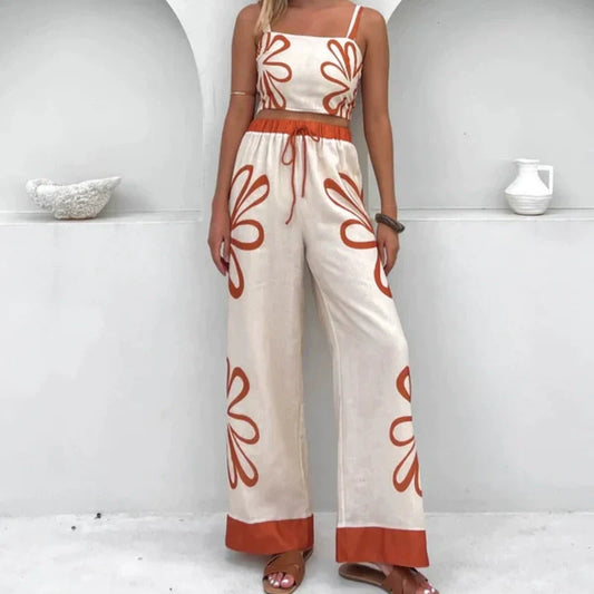 Printed Sleeveless Top And Wide-Leg Pants Set