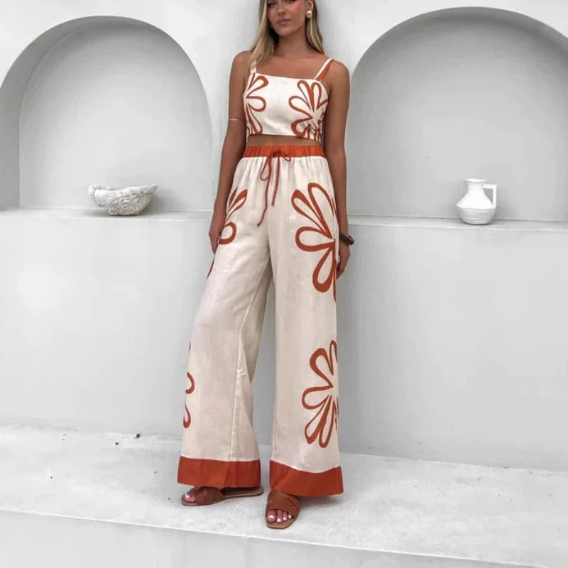 Printed Sleeveless Top And Wide-Leg Pants Set