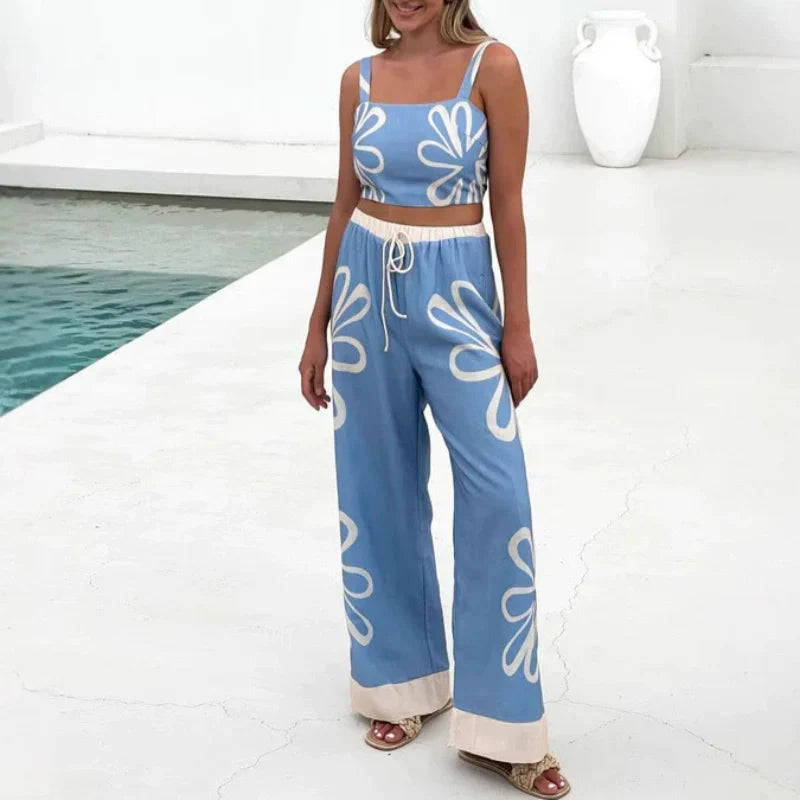 Printed Sleeveless Top And Wide-Leg Pants Set