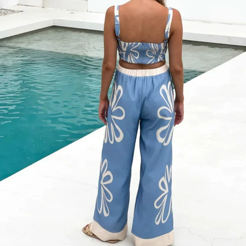 Printed Sleeveless Top And Wide-Leg Pants Set